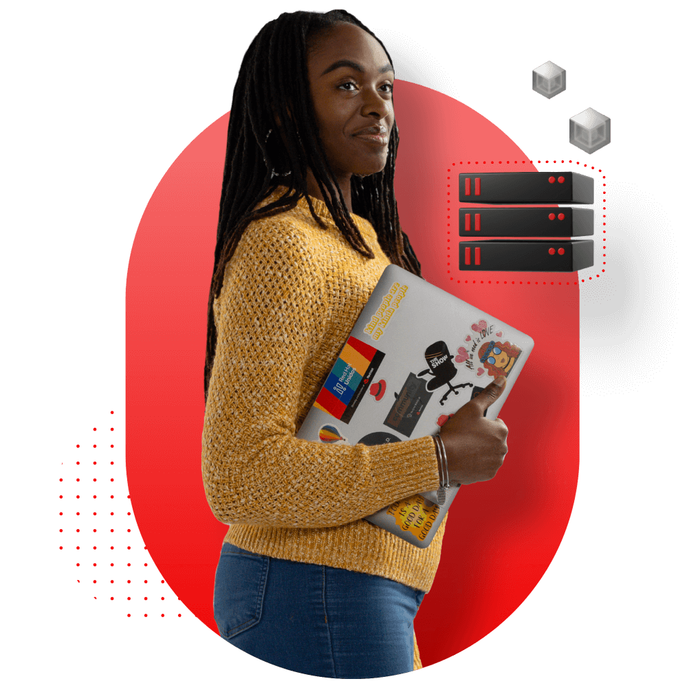 Illustration de type collage avec un serveur virtuel et une femme tenant un ordinateur portable