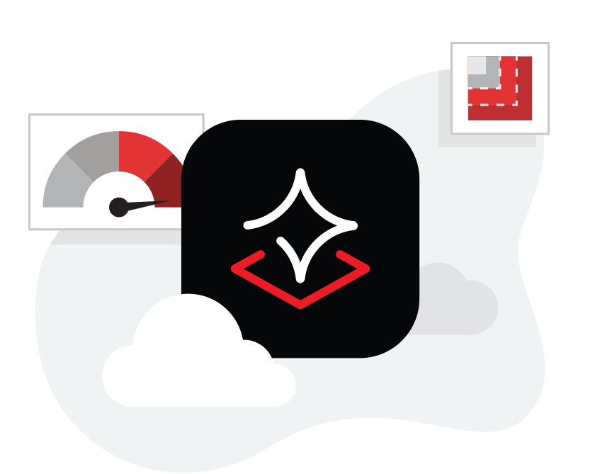 A central icon with a star, flanked by a performance gauge, a layout icon, and clouds