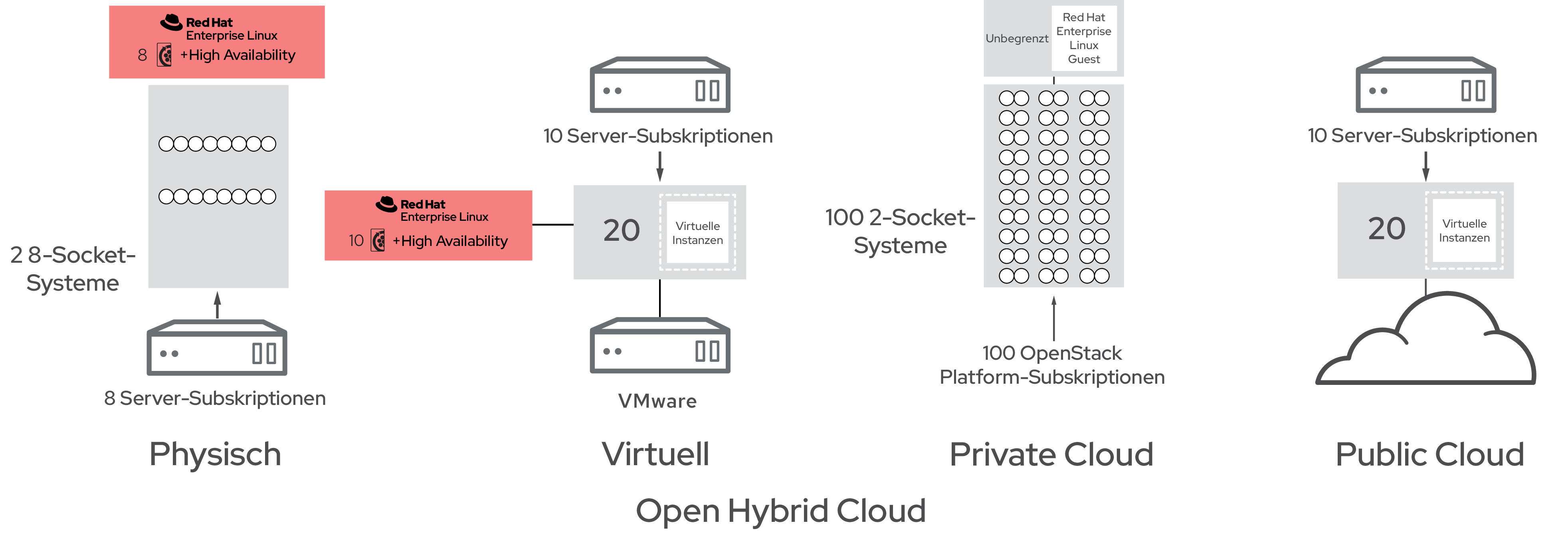 Anzahl der Red Hat Enterprise Linux Server Subskriptionen in einer Hybrid Cloud-Umgebung
