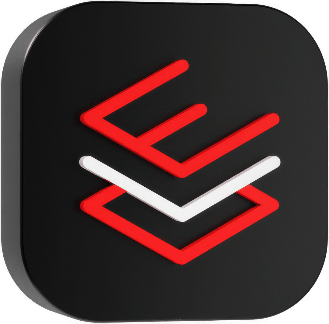 A 3D black icon with three layered, open-sided square shapes in red, white, and red