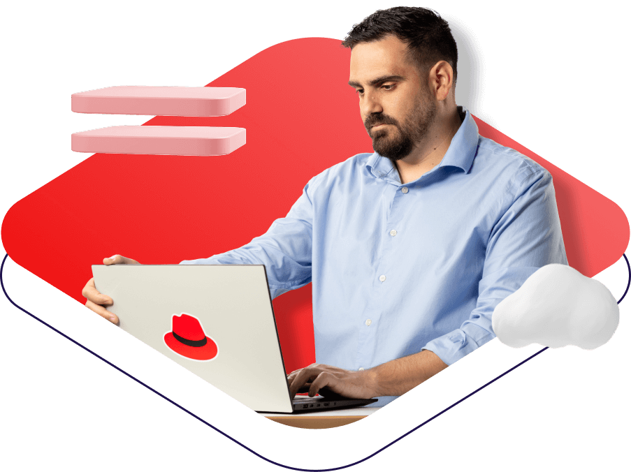 Collage of a man working on a laptop with abstract cloud and platform objects floating around him