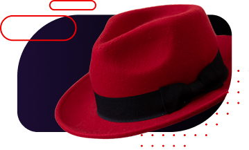 A red hat with a black band on purple background shape