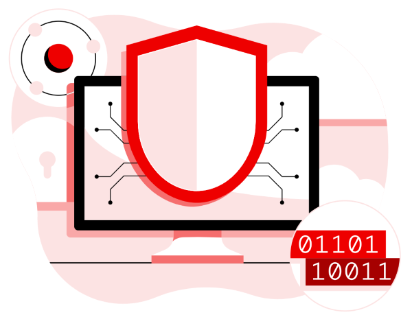 A large red shield protects a computer monitor, symbolizing security for digital systems and data