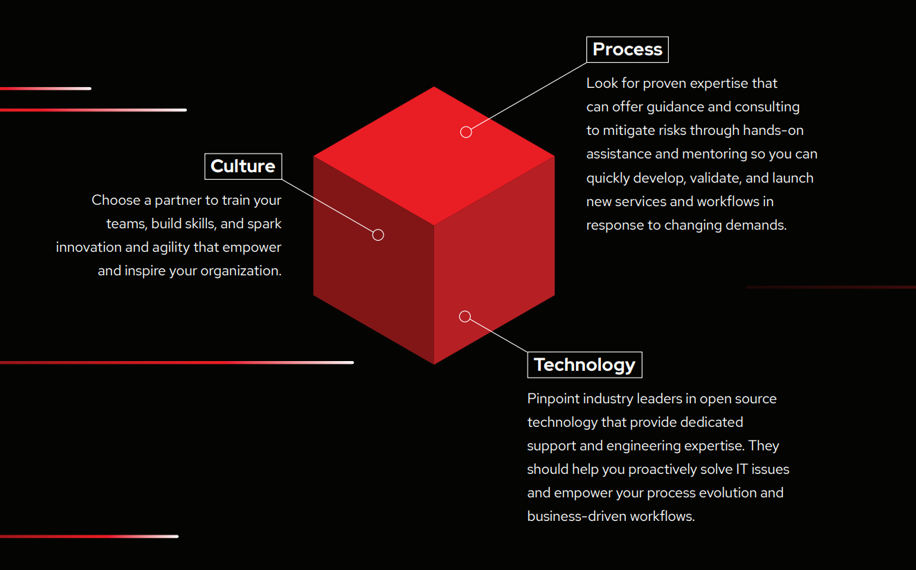 A 3D red cube showing the three pillars of digital transformation: Culture, Process, Technology