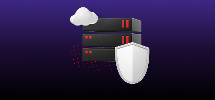 A stack of servers with a cloud icon and a security shield