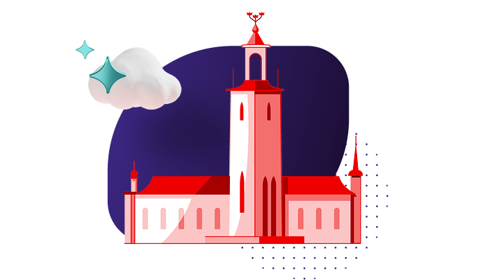 Illustration of Radhus in Stockholm on a pruple background with a cloud and sparkle