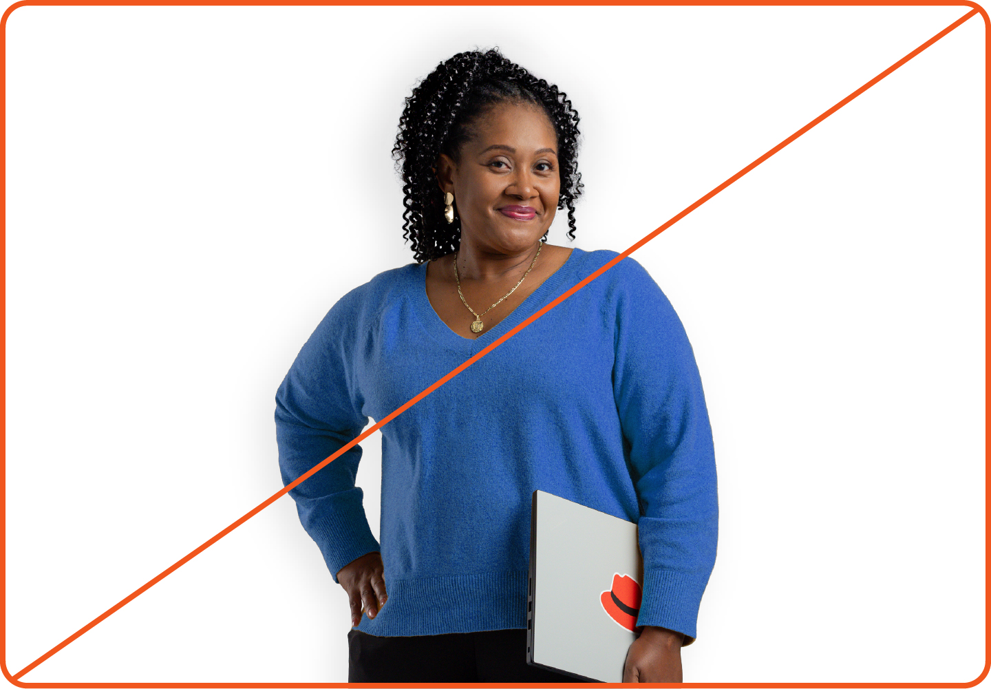 Image showing misuse: A studio portrait has been edited to make the sweater that the person is wearing appear blue, which is not an approved color.