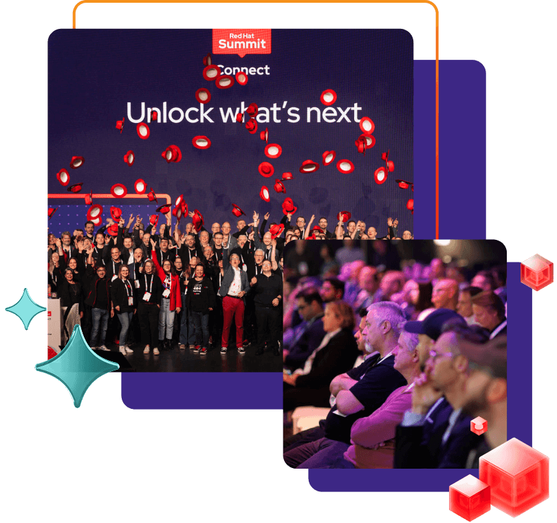 활기찬 분위기의 Red Hat Summit Connect 무대 위 그룹과 집중해서 지켜보는 관중을 담은 콜라주