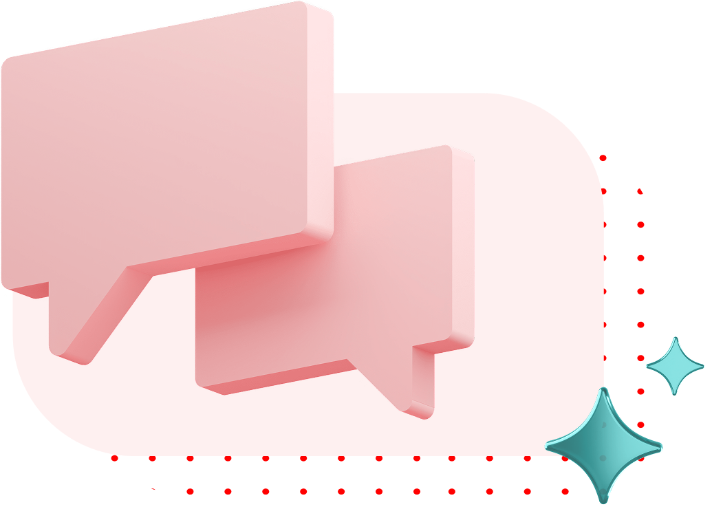 Two overlapping 3D pink speech bubbles with sparkles, symbolizing communication
