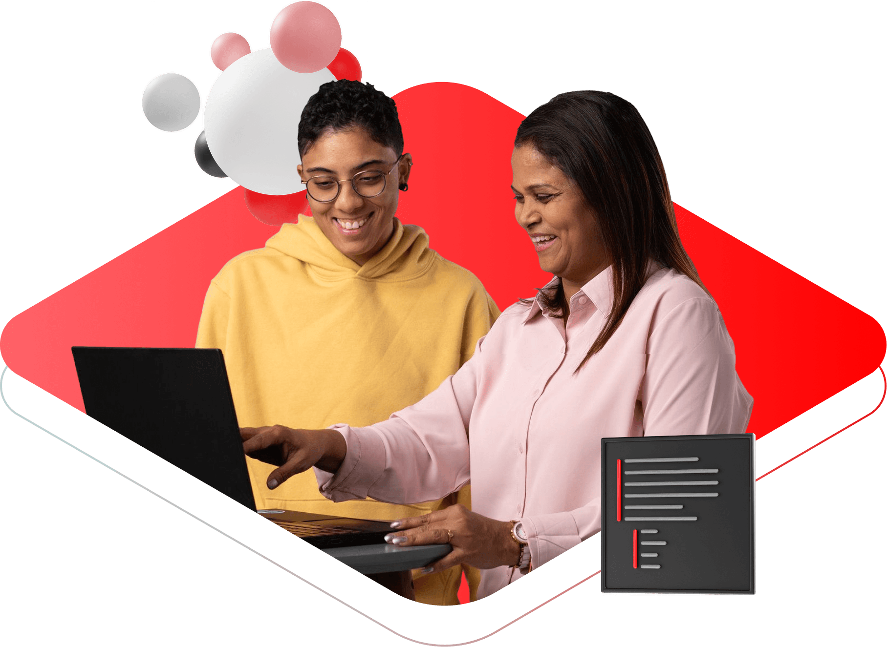 Two women smile while collaborating on a laptop with code and cluster of spheres nearby