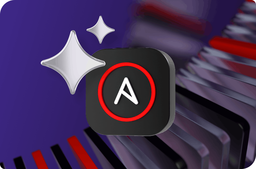 Red Hat Ansible Automation Platform logo with sparkles, set against cascading white rectangular shapes