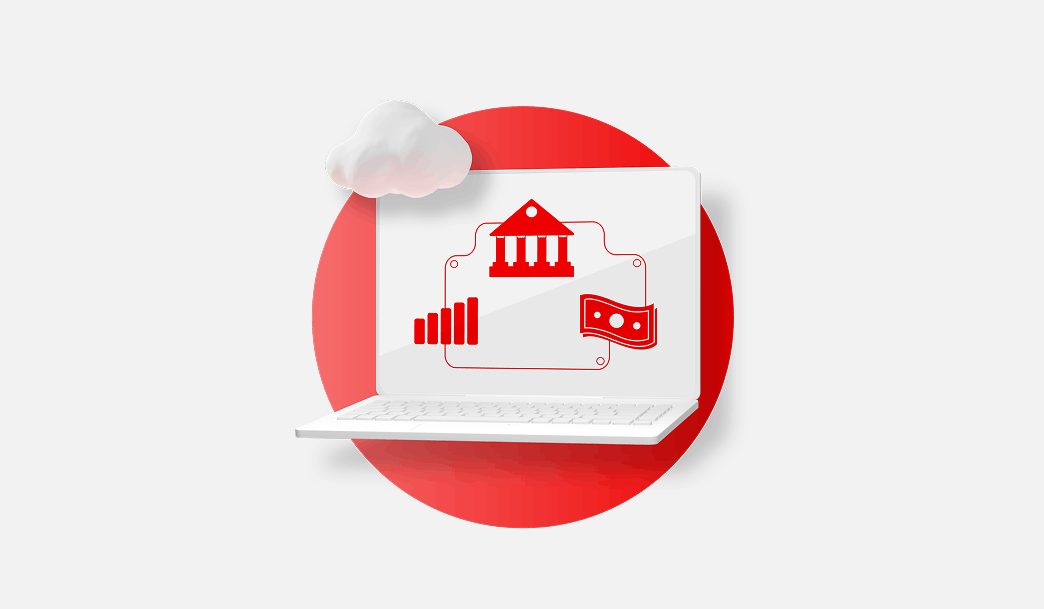 A laptop displays bank, chart, and money icons as a cloud floats over it