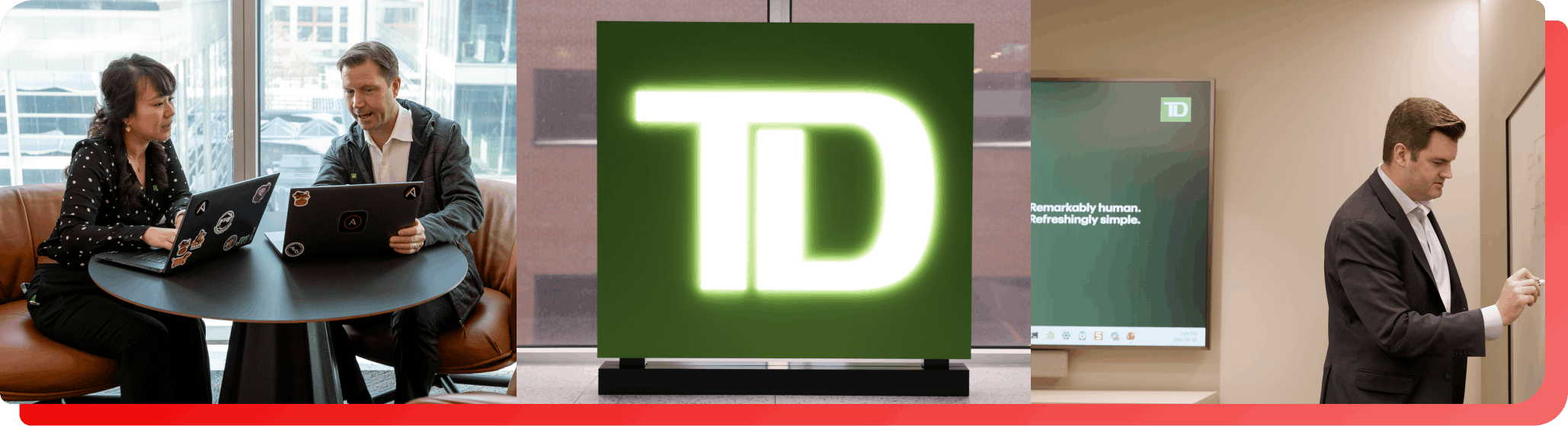 A collage of TD employees working in an office, centered around the green TD logo