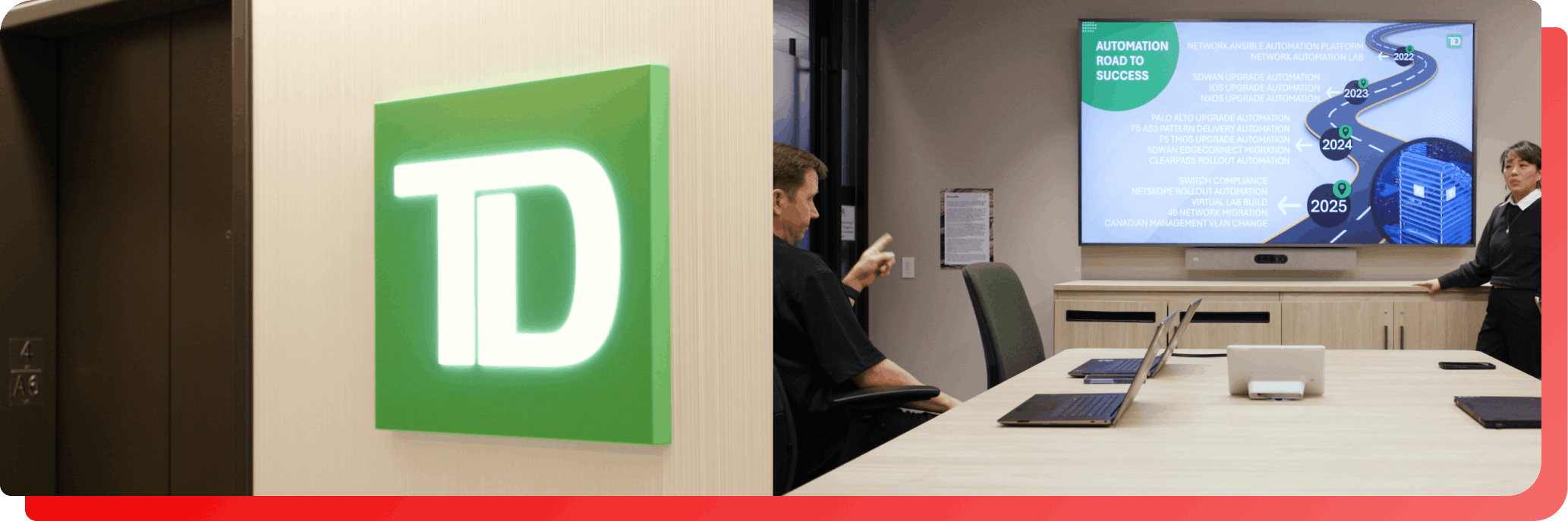 A glowing TD logo and two people in a modern conference room during a business presentation