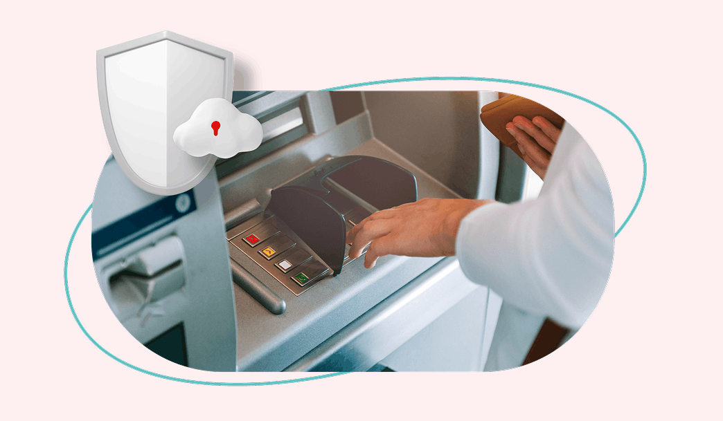 A hand at an ATM keypad with a security shield and cloud icon representing secure transactions