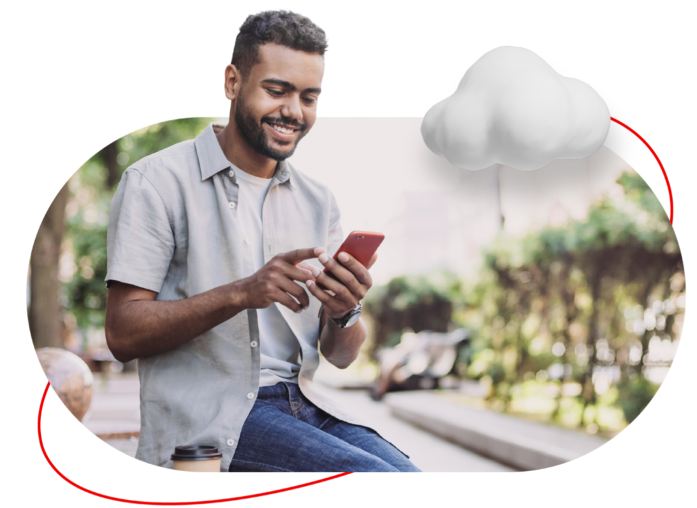 A man smiles at his phone outdoors, connected to a cloud icon by a red line