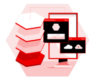 red and white illustration featuring a stack of hexagonal layers alongside a computer monitor displaying cloud and data management interfaces.