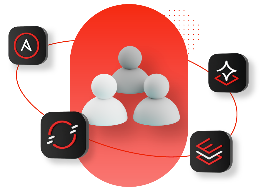 Partner Ecosystem with a central group of people connected by a line to various technology icons