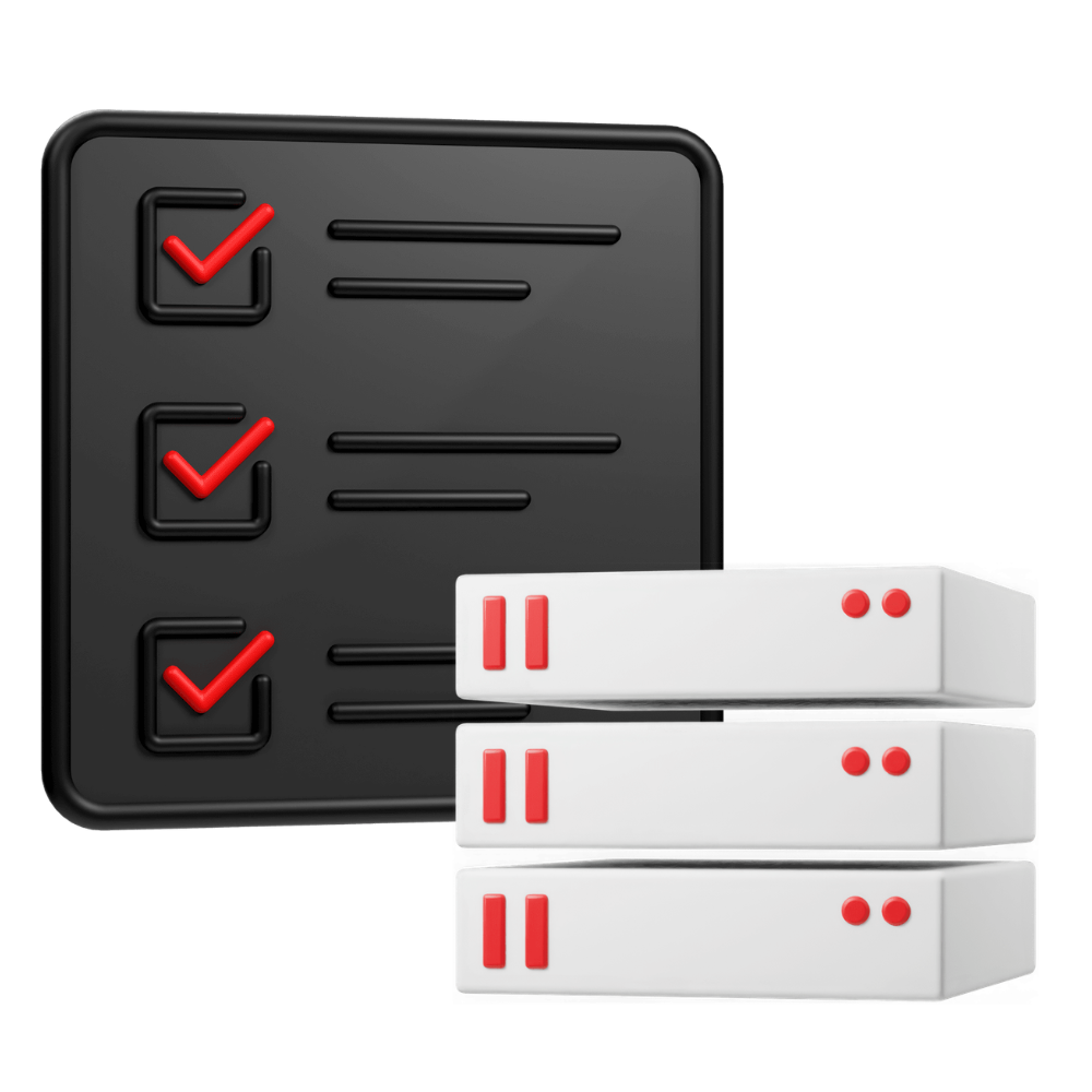 3D icons of a A server cluster and a completed checklist