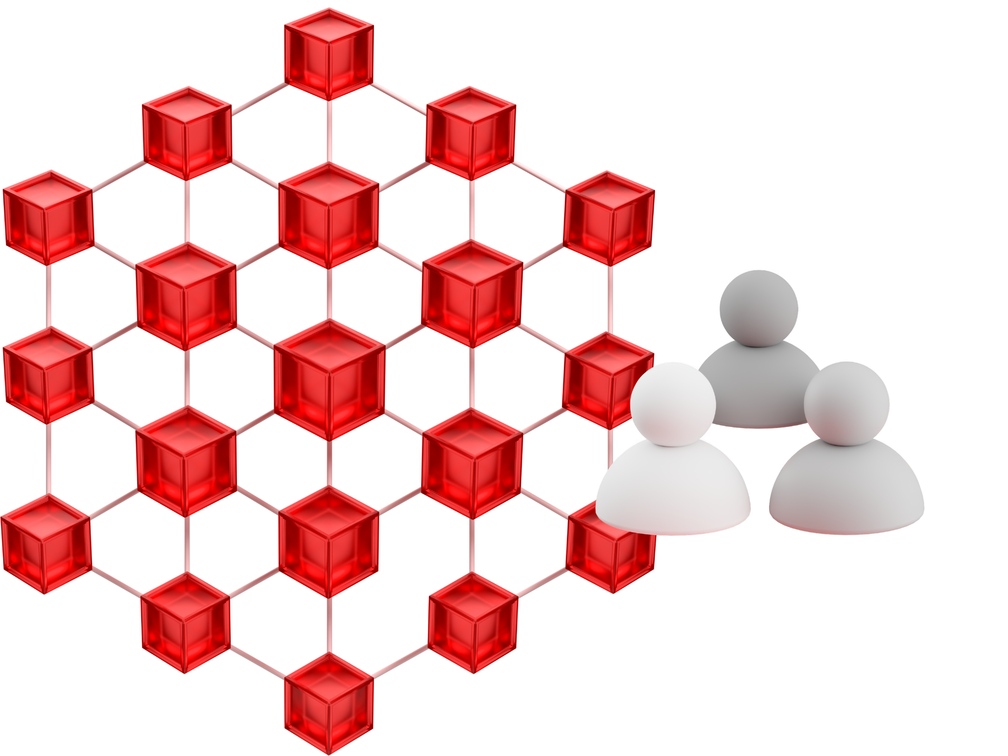  figures interacting with a grid of red, interconnected technology blocks