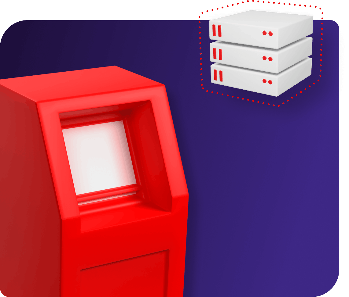 A red ATM next to a floating cluster of three white servers on a purple background