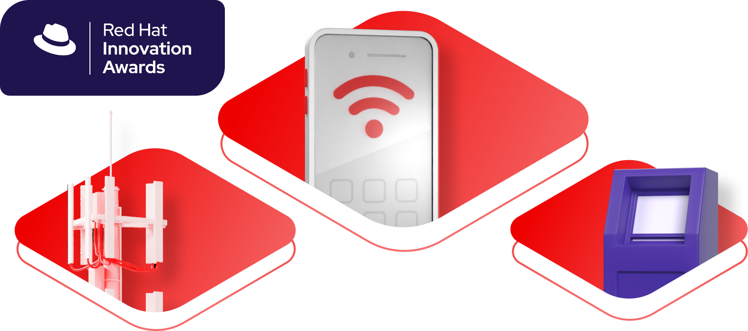 Red Hat Innovation Awards logo with icons of a cell tower, a smartphone, and an ATM
