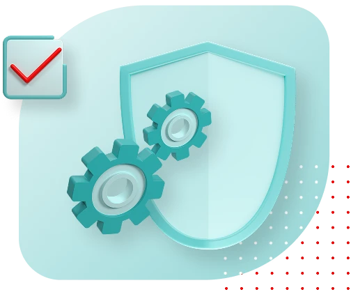 teal shield and gears with checkmark and red dot grid