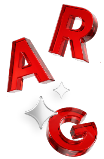 Shiny red letters A, R, and G with two silver star-shaped sparkles