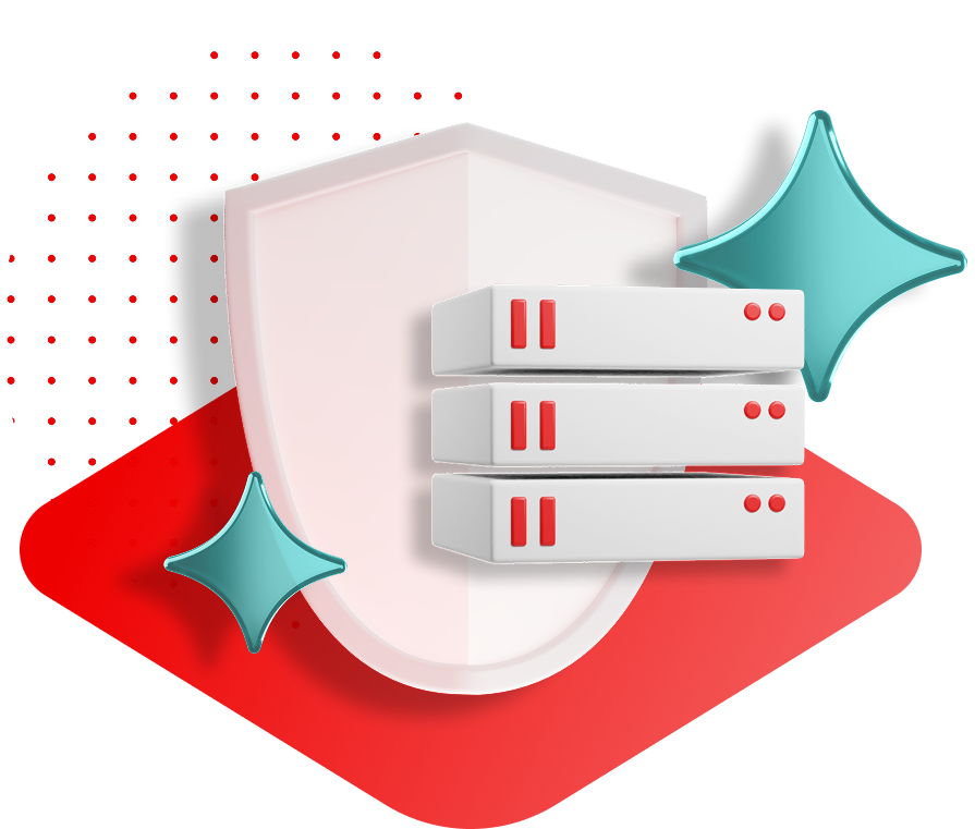 A security shield protects a stack of servers and a cloud with a keyhole icon