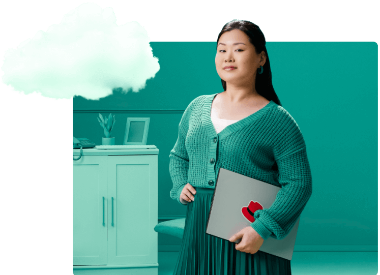 Woman holding laptop with Red Hat sticker next to an image of a cloud