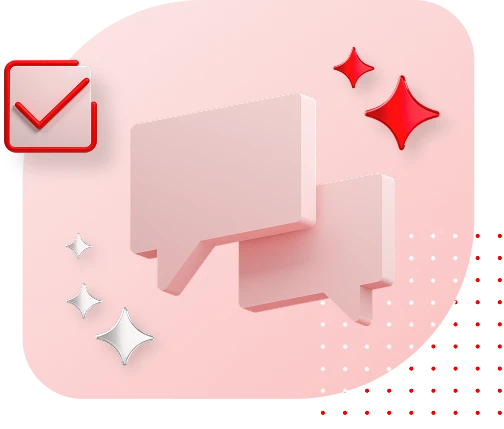 pink speech bubbles on pink background with red checkmark in red box with red dot grid and red and white stars