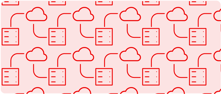 Repeating pattern of servers stacking connected to clouds by lines