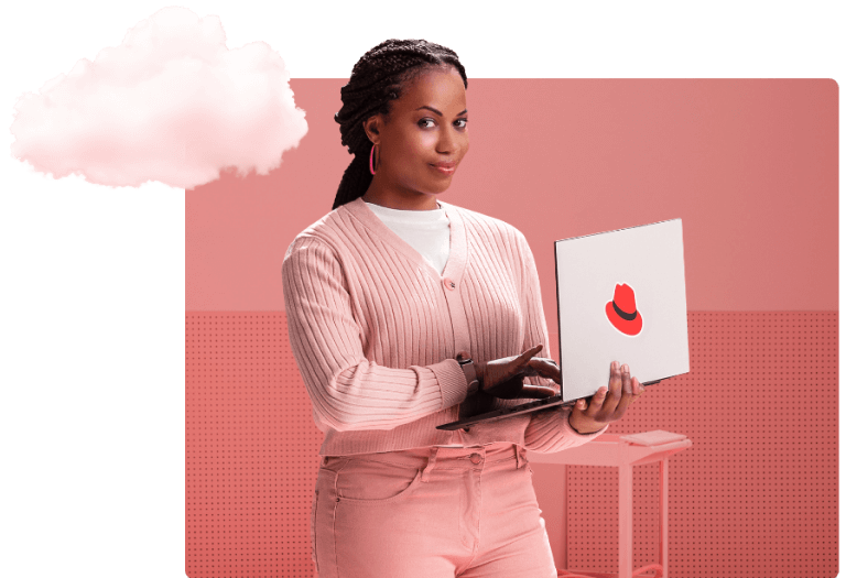 Woman holding laptop with Red Hat sticker next to an image of a cloud