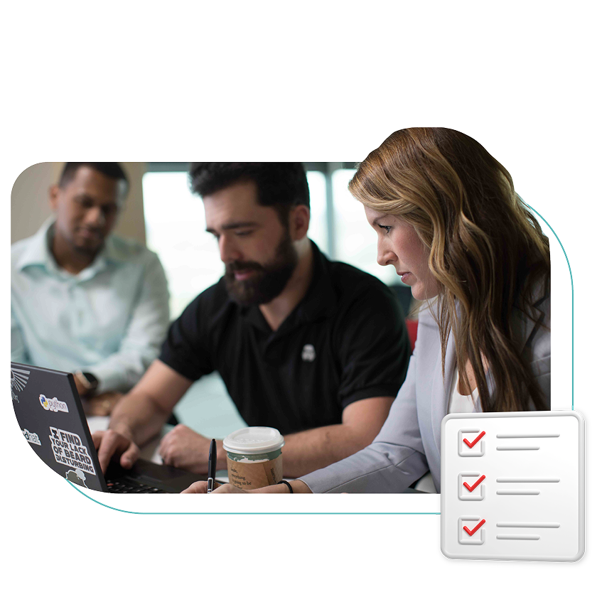 Three colleagues collaborate on a laptop, with a checklist graphic indicating completed tasks