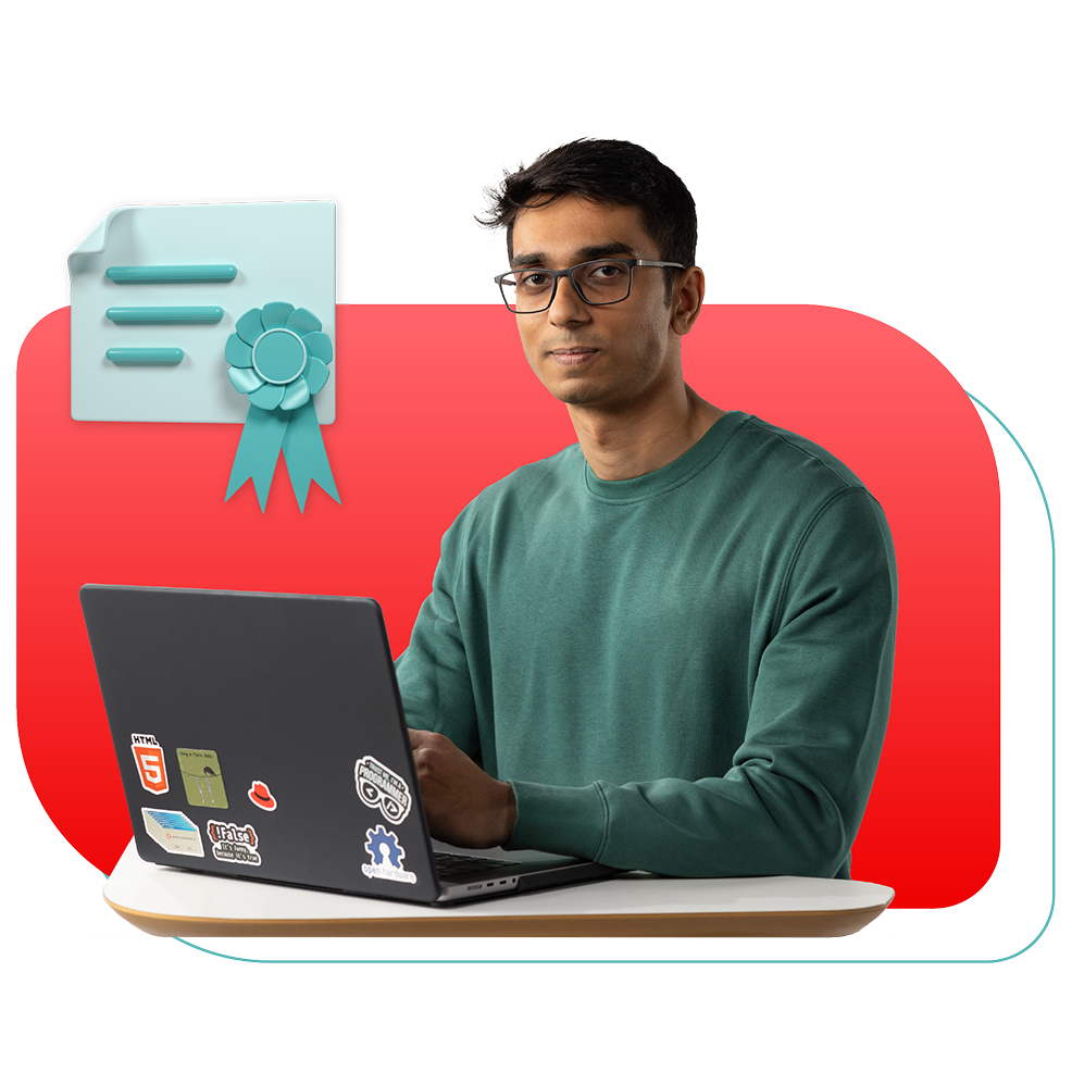 A man with glasses works on his laptop, a large certificate icon floating behind him