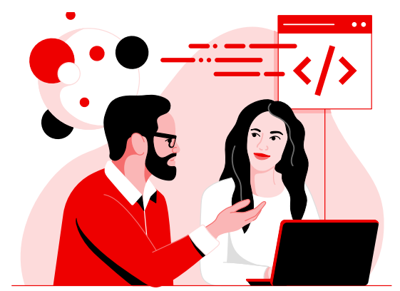 A man and woman in red and white discuss code, representing collaborative software development