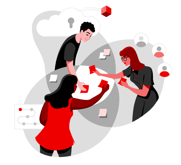 A team of three collaborating with cards near cloud and user icons