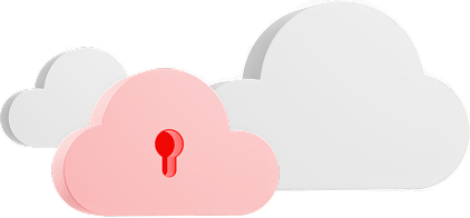 A pink cloud with a keyhole hovers over solid white clouds, represents a hybrid cloud environment