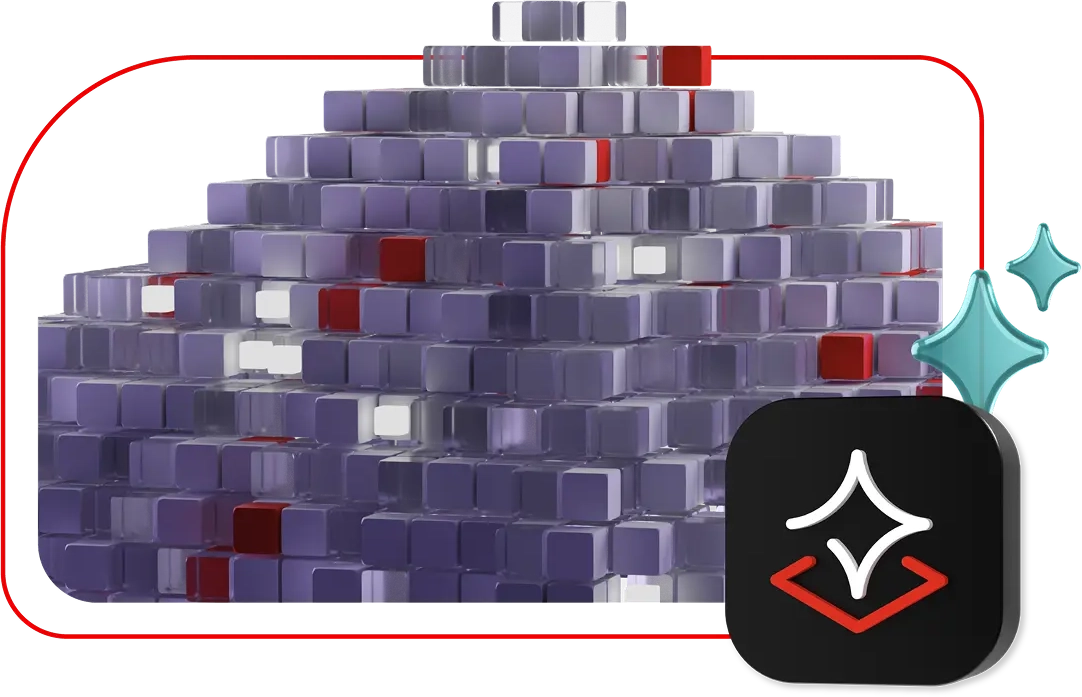 A cloud of purple and red data blocks representing Cloud Services, with a sparkle icon