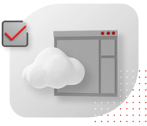 gray screen graphic on gray background with cloud and red dot grid and red checkmark in gray box
