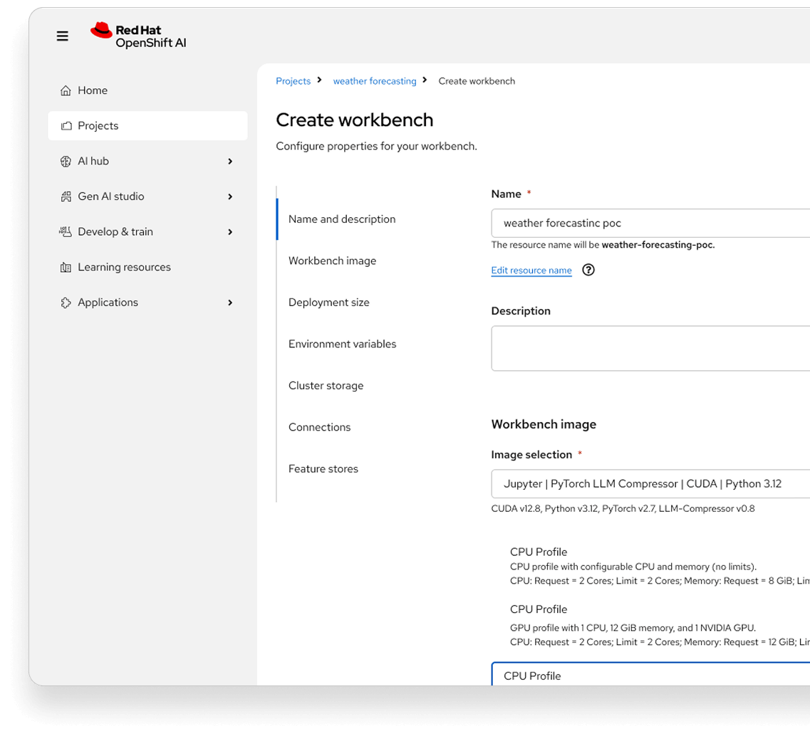 Red Hat OpenShift AI user interface showing the 'Create workbench' configuration page