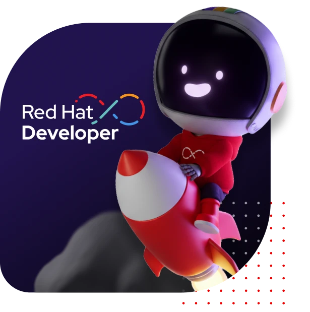 cartoon astranaut riding rocket on purple background and Red Hat Developer logo