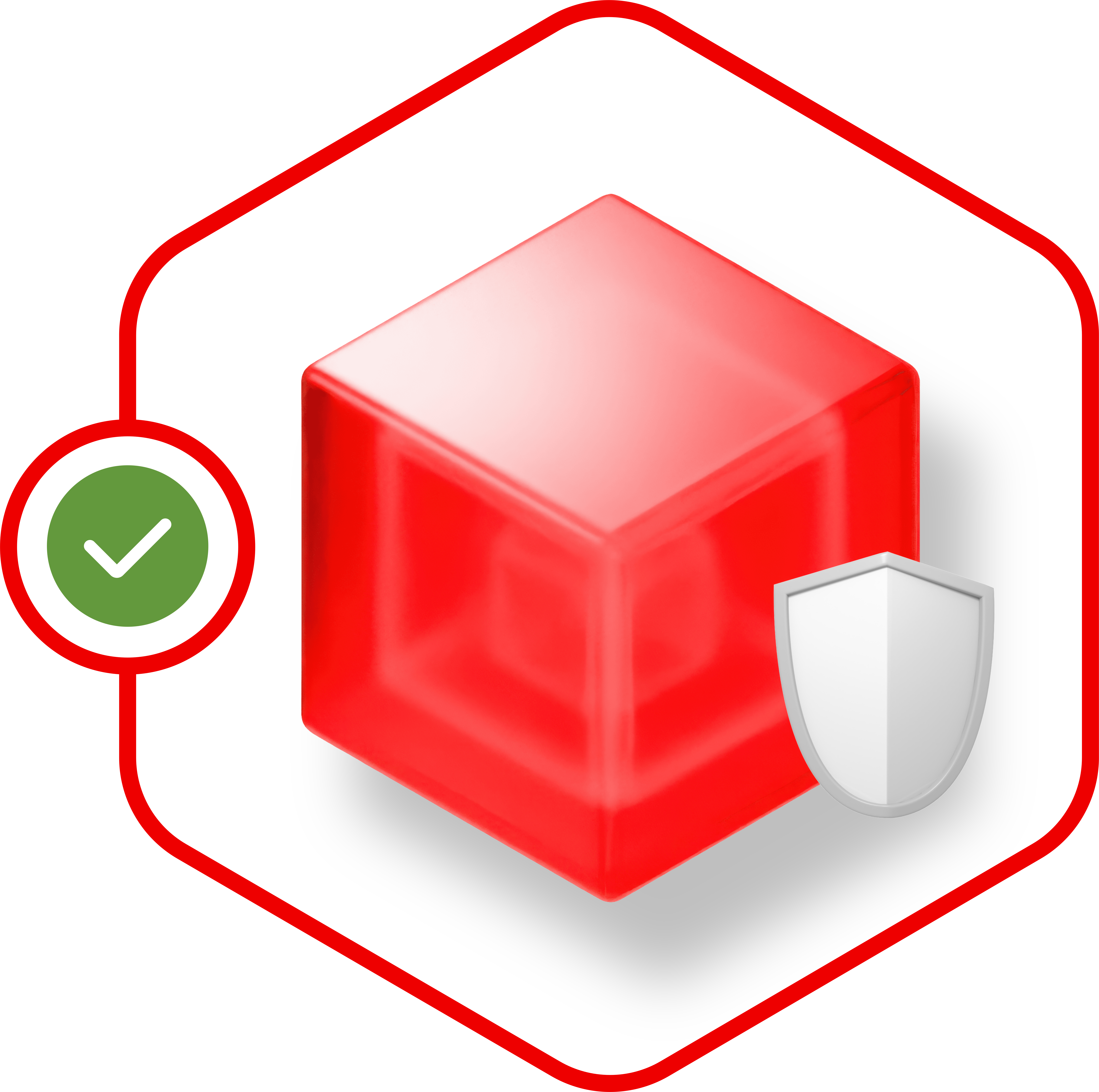 3D red cube  with gray shielf outlined in red line and sealed with green checkmark