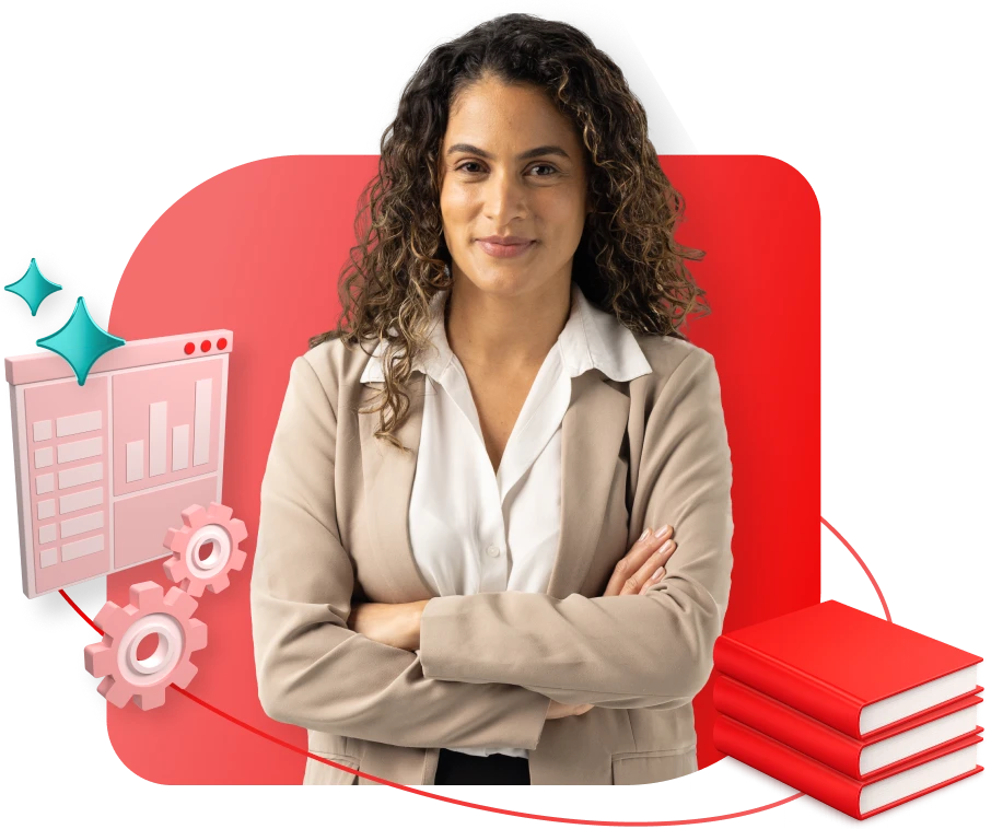 woman with arms crossed on red gradient background with books, gears, screenshot, and teal diamonds