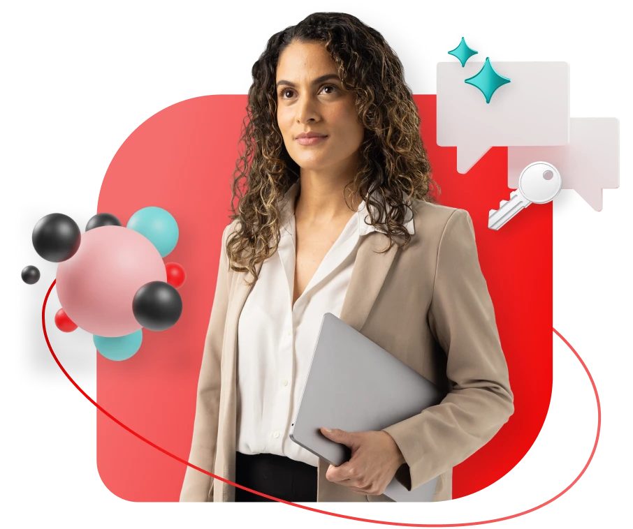 woman with arms crossed on red gradient background with books, gears, screenshot, and teal diamonds