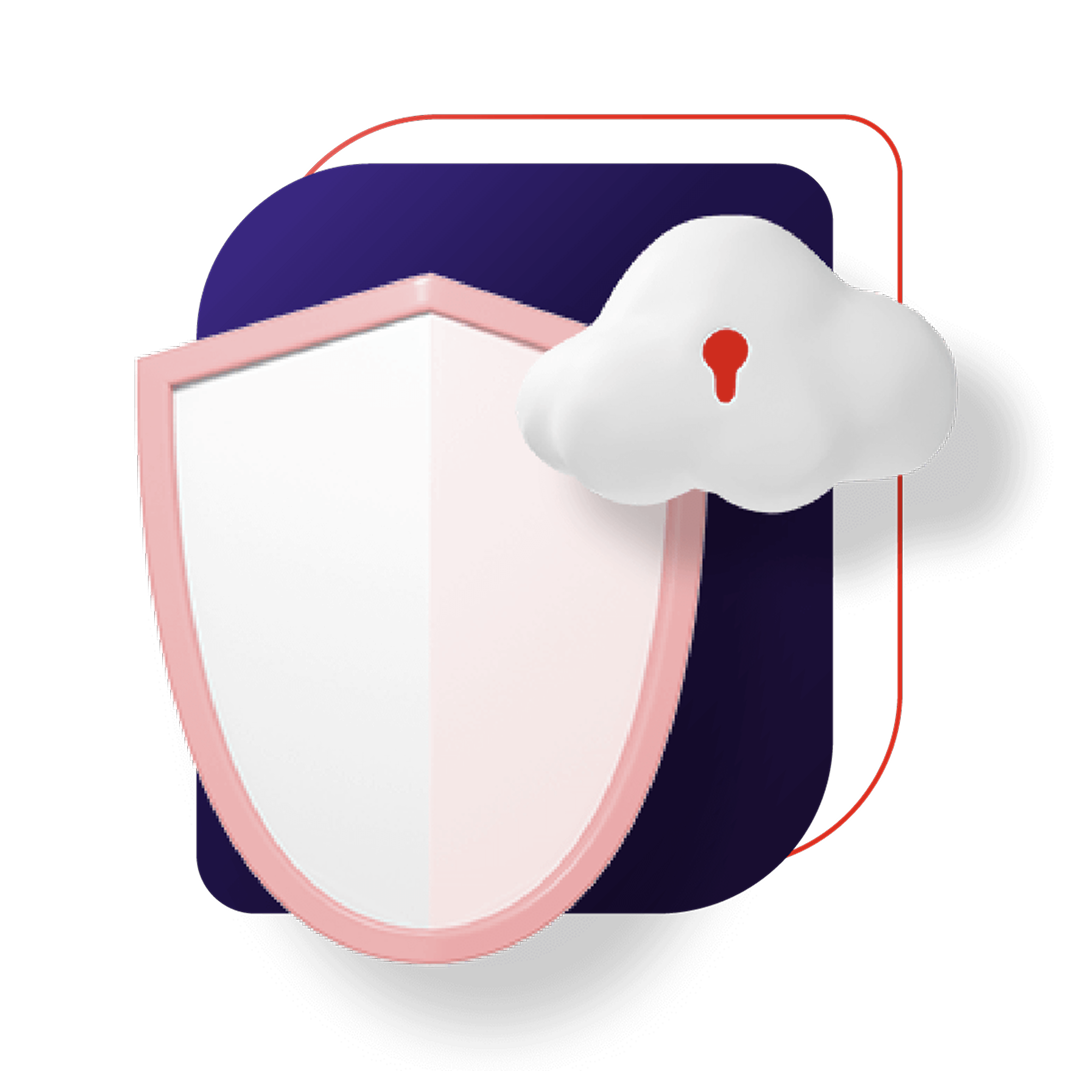A large shield expressing security with a cloud that has a red keyhole
