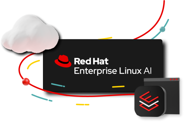 Image hero de Red Hat Enterprise Linux AI avec logo et icône de technologie superposés sur des lignes courbes et des nuages