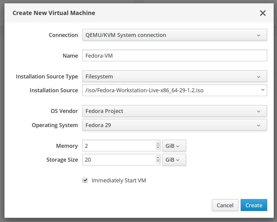 Create New Virtual Machine in Web Console Dialog