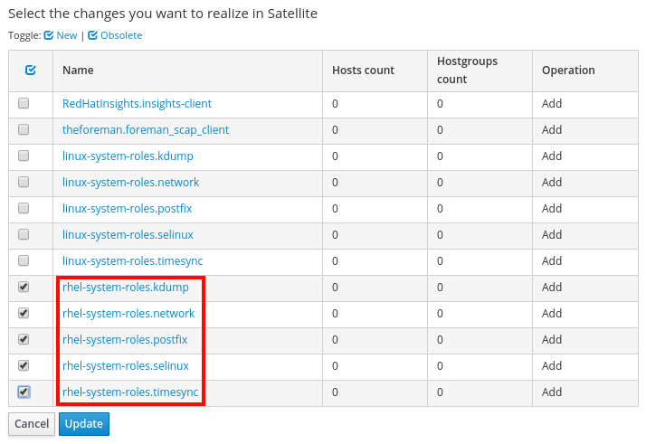 Selecting changes to add to Satellite