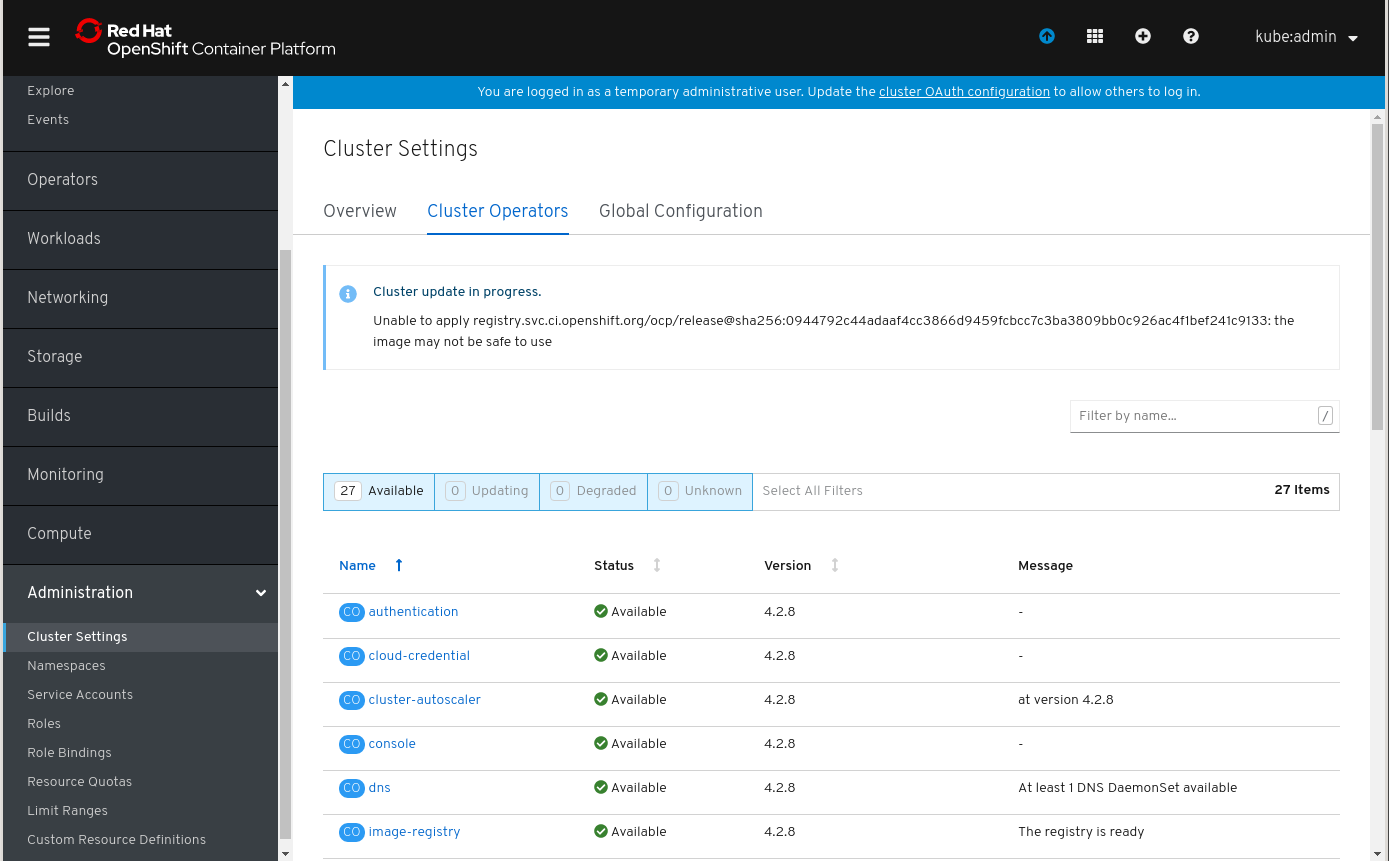 Screenshot of OpenShift 4 error